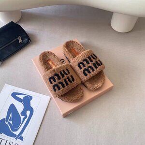 Miu Miu Fuzzy Logo Slide Slippers